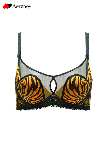 Petite Ultra-Thin Cup Tiger Print Sexy Hollow Soft Underwire Three-Row Buckle Bra Set