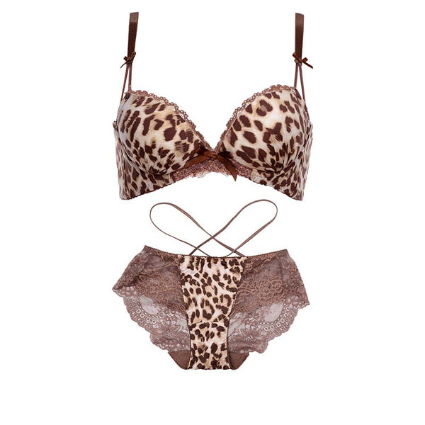 Spring and Autumn Sexy Leopard Print Panties Bra Set Thin Lace Petite