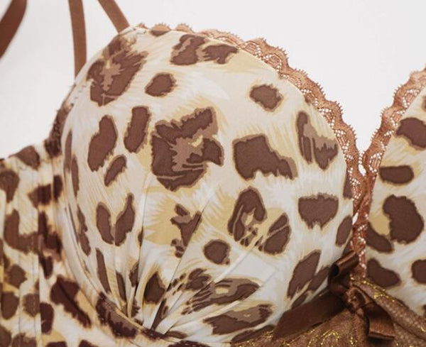 Spring and Autumn Sexy Leopard Print Panties Bra Set Thin Lace Petite