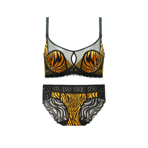Petite Ultra-Thin Cup Tiger Print Sexy Hollow Soft Underwire Three-Row Buckle Bra Set